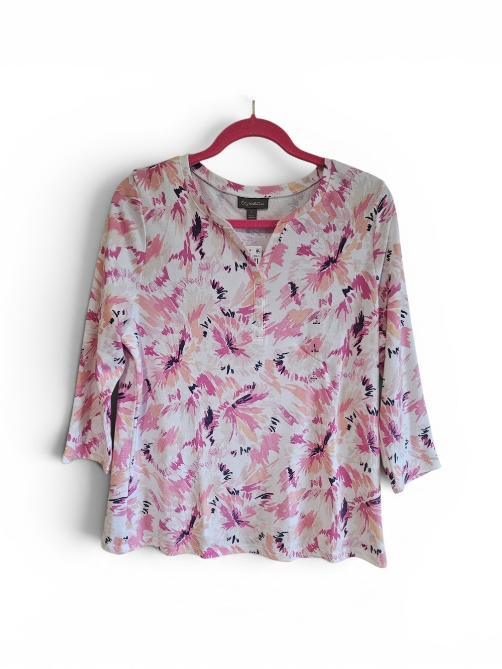 Style & Co. Pink Floral Henley 3/4 Sleeve Top Size Large